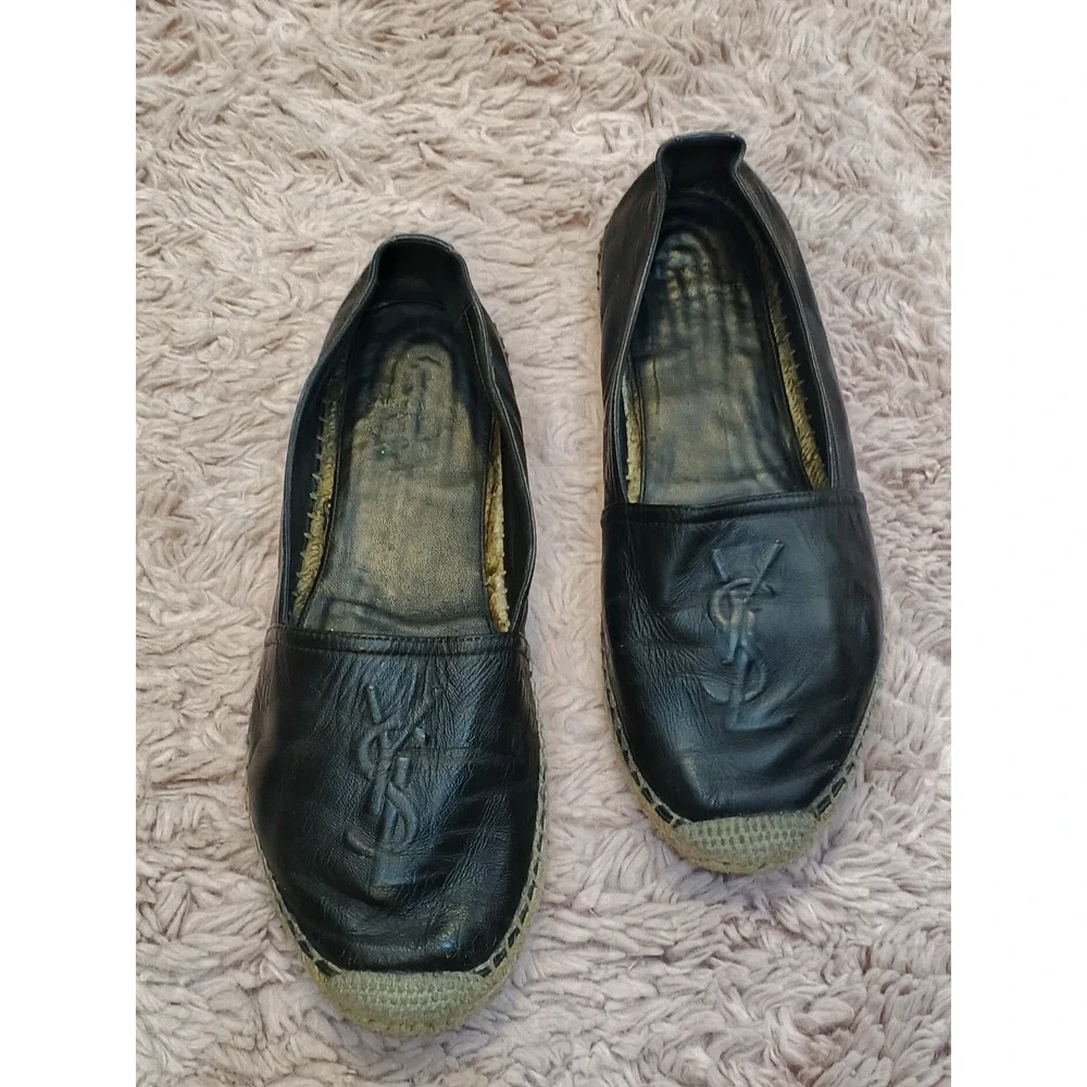 Saint Laurent Black Leather YSL Logo Espadrilles Flats‎ Slip On Shoes